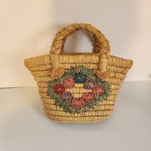 Vintage 60s Raffia Straw Woven Shopper Tote Beach Bag Purse Flowers Cottagecore